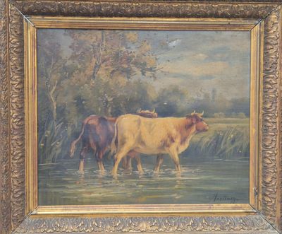 tableau représentant deux vaches traversant une rivière dans un décor boisé