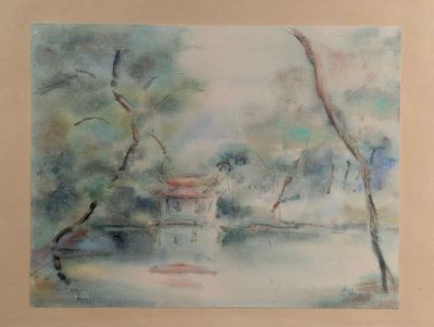 une image représentant une aquarelle d'une maison au bord d'un lac