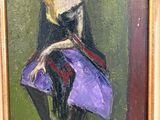 an oil painting of a woman sitting on a chair with a purple bag