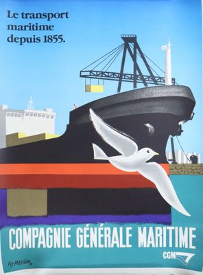 an image of a poster of a boat and a seagull flying over the water