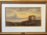 painting of a landscape with three pillars in the foreground and a cloudy sky in the background