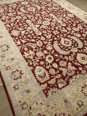 Tapis zigler afghan, fond rouge, bordure beige 300 x 200