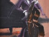 une peinture à l'huile représentant un homme en costume violet jouant de la contrebasse