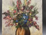an oil painting of a vase with flowers in it on a table