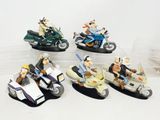 six figurines of people riding on motorcycles and motorcycles