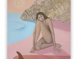 un tableau représentant une femme assise sur une planche de surf sur la plage