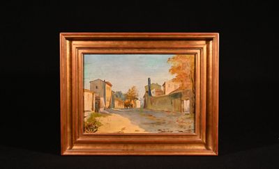 peinture à l'huile d'une scène de rue avec des bâtiments et des arbres