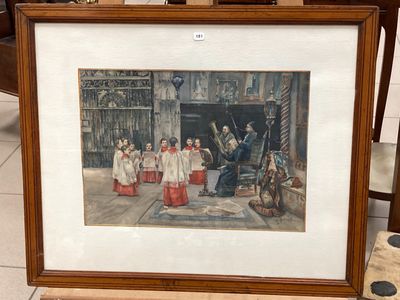 peinture d'un groupe de personnes devant un bâtiment