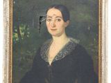 portrait of a woman in a black dress with a bird on her forehead