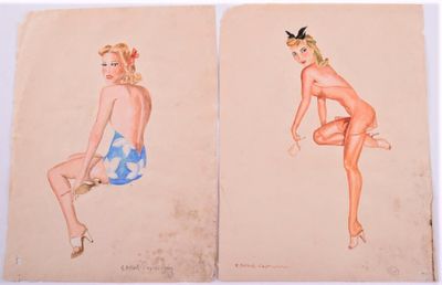 2 dessins aquarelle de pin-up d'après Varga signés R.Betsch