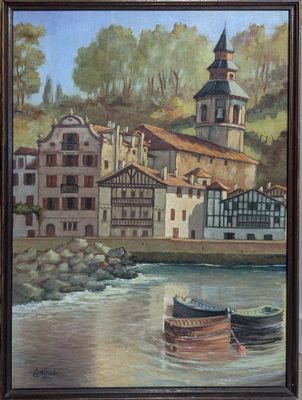 painting of a village by the water with a boat in the foreground