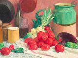 un tableau représentant des tomates, de la laitue et d'autres légumes posés sur une table