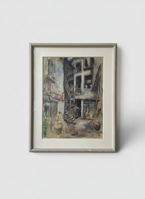 tableau représentant un vieux bâtiment devant lequel est garé un vélo