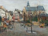 peinture d'une scène de rue avec des personnes marchant dans la rue