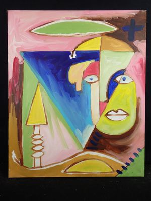 tableau représentant un homme avec un chapeau vert et un visage bleu