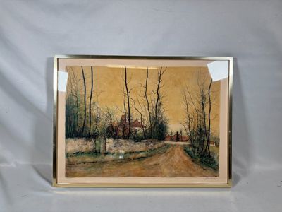 l'image d'une peinture représentant un chemin de terre avec des arbres en arrière-plan