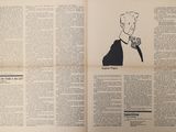 an open book with a drawing of a man in a suit
