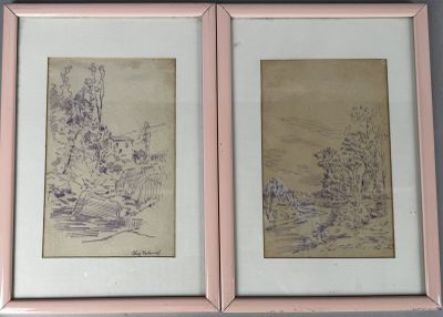 pair of two framed drawings of a river scene with a house and trees