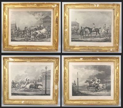 quatre photos encadrées représentant des chevaux et des jockeys sur une piste