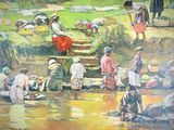 a painting of a group of people washing clothes in a river