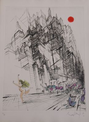 dessin représentant une femme marchant dans la rue, une balle rouge à la main