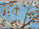 un tableau représentant un oiseau perché sur une branche d'arbre