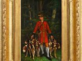 une image représentant un tableau d'un homme vêtu d'un manteau rouge en compagnie de ses chiens