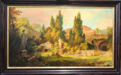 une peinture à l'huile représentant une scène de jardin avec une statue au premier plan