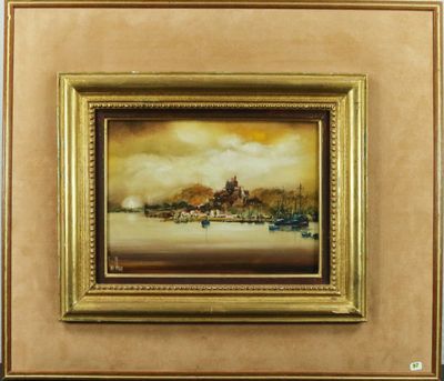 an image of a painting of a city by a body of water