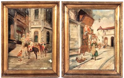 two paintings of a street scene with a man on a horse and a woman on a horse