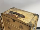 an old suitcase that is sitting on top of a table