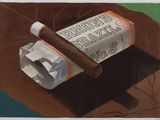 an image of a painting of a cigar and a roll of paper on a table