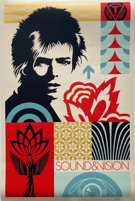a poster with a picture of a man with a flower on it