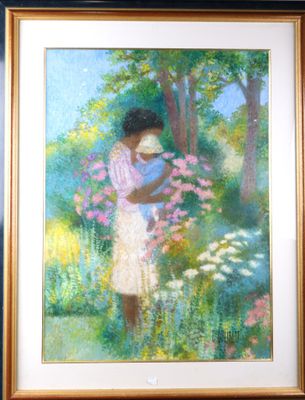 painting of a woman holding a child in a field of flowers