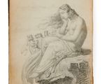 un vieux livre sur lequel figure le dessin d'une femme assise sur un rocher