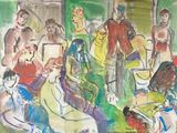 a painting of a group of people sitting in a room