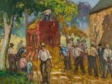 tableau représentant un groupe d'hommes rassemblés autour d'une calèche