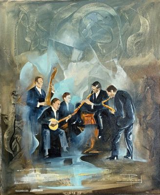 une peinture à l'huile représentant un groupe d'hommes jouant d'un instrument dans une pièce