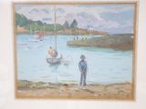 a painting of a man and a woman standing on a beach
