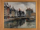 une peinture à l'huile représentant une scène de rivière avec un bateau dans l'eau