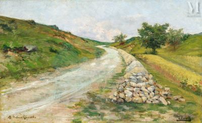 an oil painting of a dirt road with rocks on the side of it