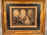 an old picture of a painting of a man and a woman in a courtyard