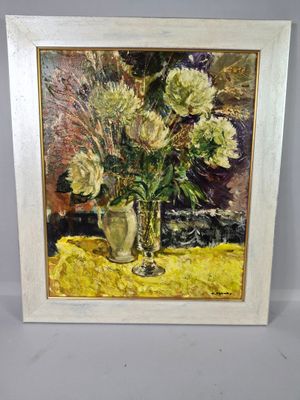 a painting of flowers in a vase on a table