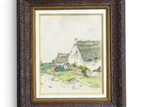 an old picture of a house in a field with a barn in the background