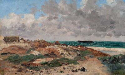 une image représentant une peinture d'une scène de plage avec un bateau au loin
