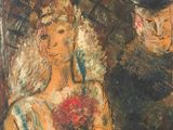 une image représentant un tableau sur lequel figurent une femme en robe et un homme portant un haut-de-forme
