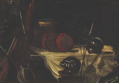 une nature morte représentant divers objets posés sur une table