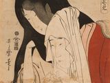 une peinture ancienne représentant une femme tenant un bébé dans ses bras