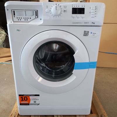 an image of a washing machine sitting on top of a wooden pallet