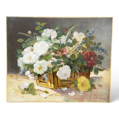 a painting of flowers in a basket on a table
